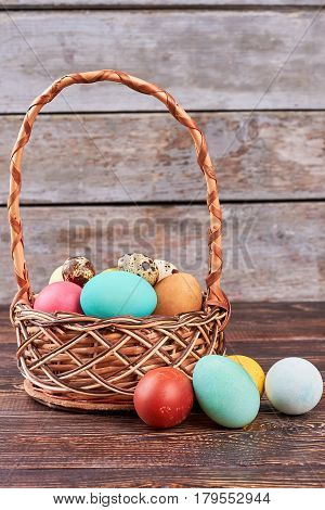 Chicken and quail eggs, basket. Easter basket, brown wooden background. How to dye eggs.