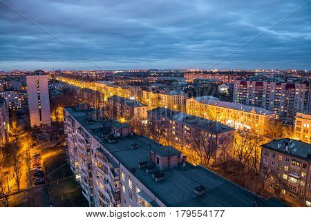 Evening Voronezh skyline from rooftop. Voronezh Aviation Technical School named after V. P. Chkalov