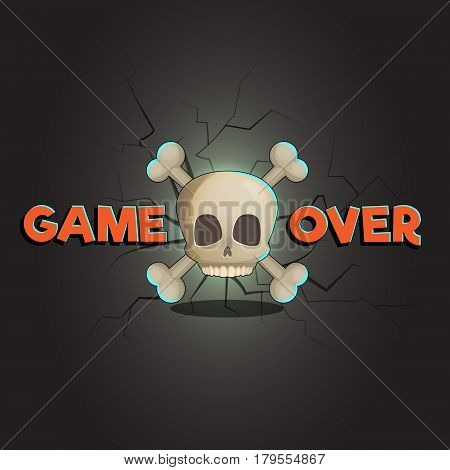 Game over abstract vector game and web background, scull and bones. Loose game fail screen with cracks and decay on background.