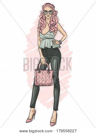Vector beautiful fashion hipster girl dressed in court shoes, top with peplum, sunglasses and skinny jeans, holds fashionable bag in her hand, color sketch