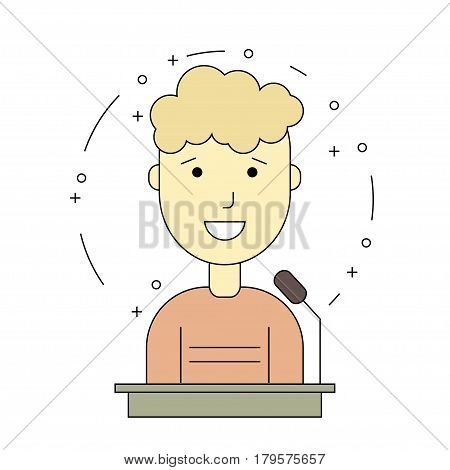 avatar man on tribune for speech. Flat line style. Vector illustration