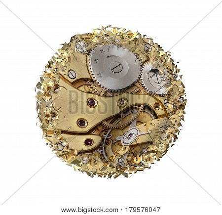 Warped and shattered clockwork mechnism on white background