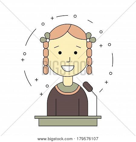 avatar girl on tribune for speech. Flat line style. Vector illustration