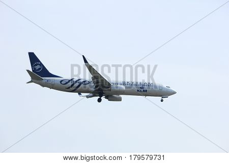 Amsterdam the Netherlands - March 31st 2017: PH-BXO KLM Royal Dutch Airlines Boeing 737-900 Skyteam Livery approaching Polderbaan runway at Schiphol Amsterdam Airport the Netherlands. Skyteam livery
