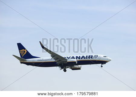Amsterdam the Netherlands - March 31st 2017: EI-FZF Ryanair Boeing 737-800 approaching Polderbaan runway at Schiphol Amsterdam Airport the Netherlands