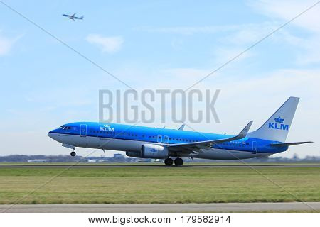 Amsterdam the Netherlands - March 25th 2017: PH-BXV KLM Royal Dutch Airlines Boeing 737-800 takeoff from Polderbaan runway.