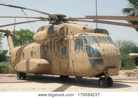 HATZERIM, ISRAEL - April 26, 2016: Israeli Air Force Sikorsky CH-53 transport helicopter on display in the Israel Air Force Museum