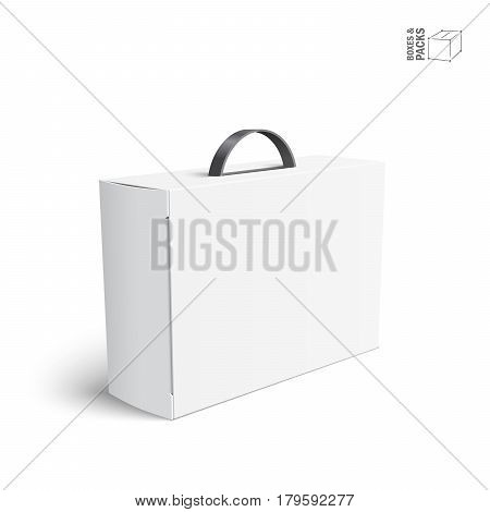 Carton Or Plastic White Blank Package Box With Handle. Briefcase, Case, Folder, Portfolio Case. Illustration Isolated On White Background. Ready For Your Design. Product Packing Vector EPS10