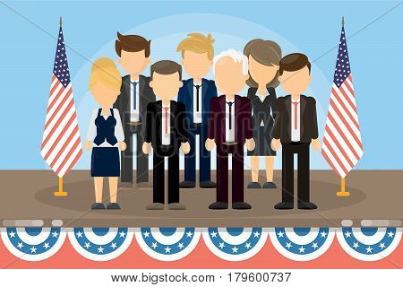 Group of american politicians standing on the stage with american flags.