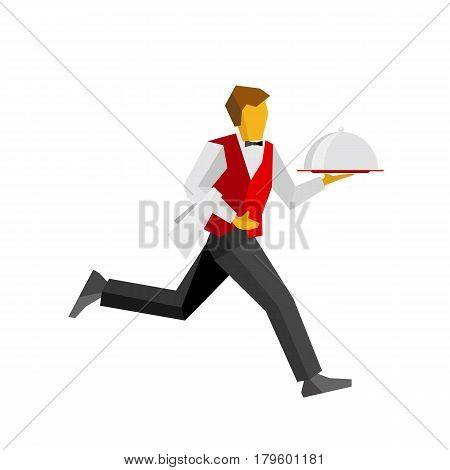Waiter in red vest and black trousers running with lunch on platter. Fast catering concept  for restaurant or cafe banner. Simple vector person isolated on white background.