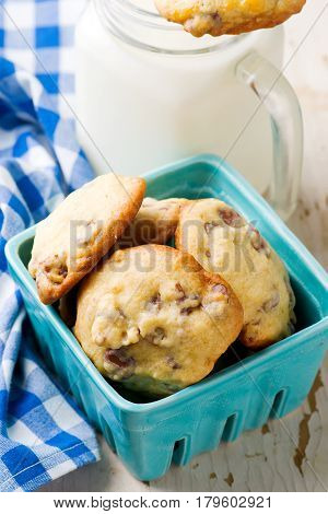 pecan and chocolate cookies. style rustic.selective focus