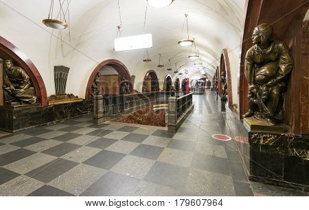 MOSCOW - MAY 4: The metro station Ploschad Revolutsii at night on May 4, 2013 in Moscow, Russia. Metro station Ploschad Revolutsii is a great monument of the Soviet era.