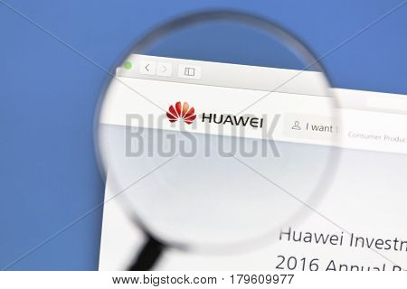 Ostersund, Sweden - Mars 31, 2017: Huawei website under a magnifying glass Huawei is a Chinese multinational networking and services company.