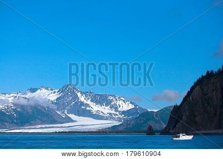 Boat Near Bear Glacier In Kenai Fjords Alaska