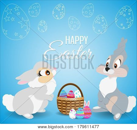 Greeting card with white Easter rabbits and colored eggs. Funny bunnyes in flat style. Easter Bunnyes. Spring holiday.
