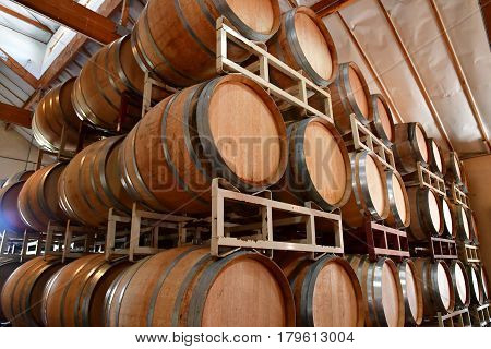 San Luis Obispo USA - july 15 2016 : barrel in the cellar of the Claiborne and Churchhill winery