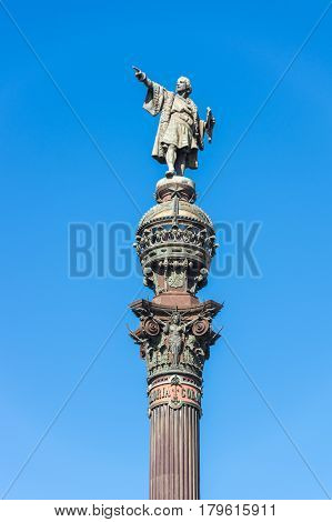 The Columbus Monument is a 60 m tall monument to Christopher Columbus at the lower end of La Rambla Barcelona Catalonia Spain