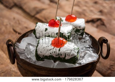 ready to eat Indian Sweet Masala Meetha Paan or Kolkata Meetha pan after lunch or dinner party