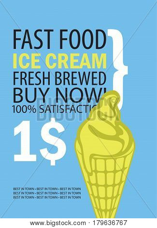 vector banner for fast food restaurant with ice cream and text on blue background