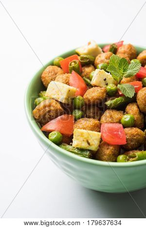 Soya chunks 65 or soya chunk fry is a healthy snack, easy to cook, protein rich, vegetarian dish ideal for starters. popular indian food. selective focus