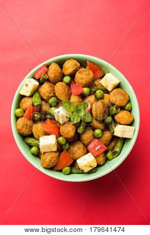 Soya chunks 65 or soya chunk fry is a healthy snack, easy to cook, protein rich, vegetarian dish ideal for starters. popular indian food. selective focus