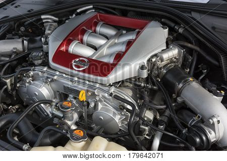 Close Up Details Of Nissan Engine On Display