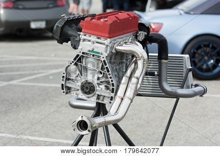 Close Up Details Of Car Engine On Display