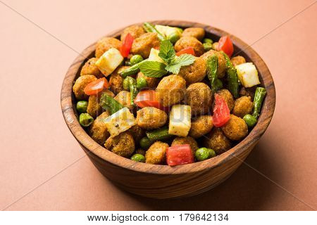 Soya chunks 65 or soya chunk fry is a healthy snack, easy to cook, protein rich, vegetarian dish ideal for starters. popular indian food. selective focus
