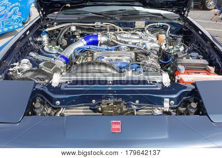 Close Up Details Of Toyota Supra Engine On Display