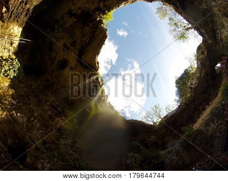 view from inside a cave looking up