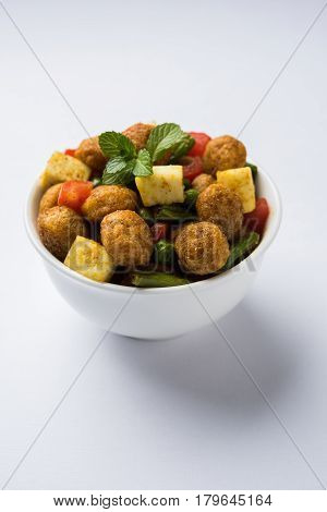 Soya chunks 65 or soya chunk fry is a healthy snack, easy to cook, protein rich, vegetarian dish ideal for starters. popular indian food. selective focus