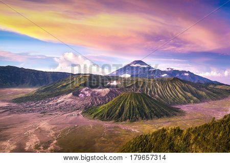 Mount Bromo Volcano (gunung Bromo) During Sunrise From Viewpoint On Mount Penanjakan. Mount Bromo Lo