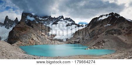 Laguna de Los Tres at base of Mount Fitz Roy in Patagonia in Argentina on a cloudy day