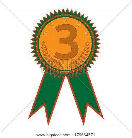 Bronze medal sign. Symbol of achievement. Color round medallion with two green ribbons isolated on white background. Achievement flat mark. Concept of award. Stock vector illustration