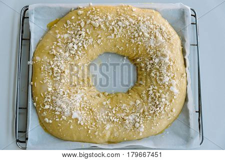 Close Up Of making of sweet bread ringed dessert On oven plate. Called roscon is typical in spanish cuisine. Horizontal composition