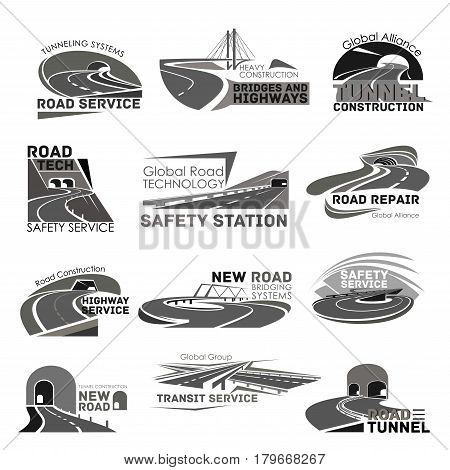 Road safety service icons set for highway construction and bridge or tunneling technology company. Vector templates set for transport pathway and motorway building or transportation corporation
