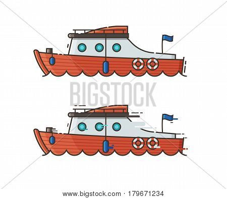 Private yacht isolated on white background. Red motor boat sailing over the sea waves. Yachting speedboat concept vector illustration in flat design.