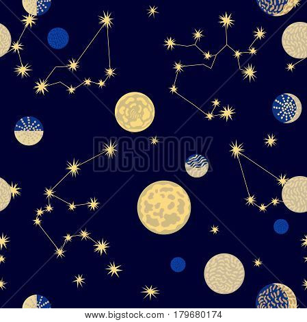 Seamless vector pattern with different celestial bodies.