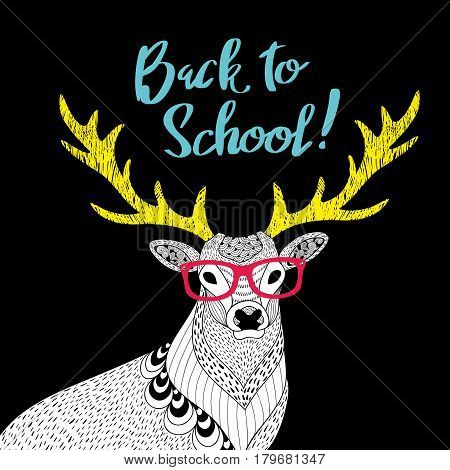 Teacher deer print. Creative vector illustration of wild animal in glasses.