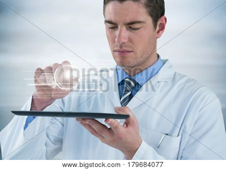 Digital composite of Man in lab coat with tablet and white interface with flare against grey background