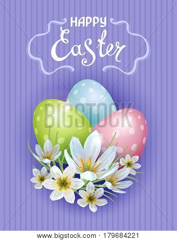 Vector template Easter cards with realistic eggs and flowers Zephyranthes. Purple background. Lettering calligraphy.