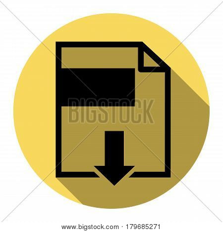 File download sign. Vector. Flat black icon with flat shadow on royal yellow circle with white background. Isolated.