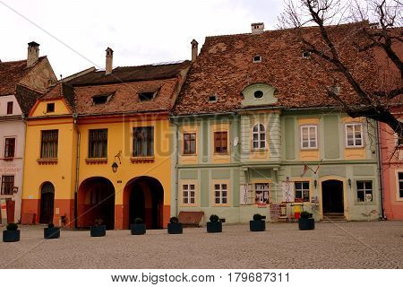 Urban landscape in the downtown of the medieval city Sighisoara, Transylvania