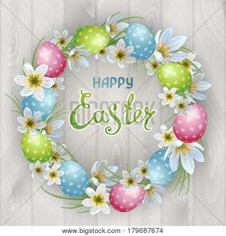 Vector template Easter cards with realistic eggs and flowers Zephyranthes. Wood background. Lettering calligraphy.
