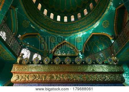 Azerbaijan Baku - 22 March 2017 Bibiheybat Mosque in Islamic republic Baku Azerbaijan. Interior design of the green Muslim Mosque.