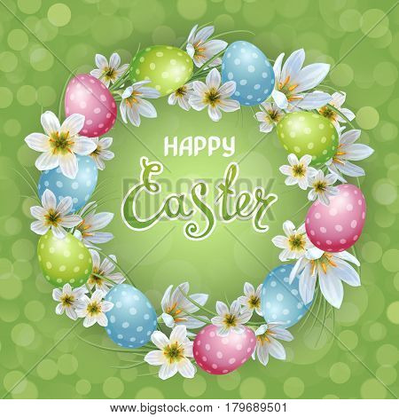 Vector template Easter cards with realistic eggs and flowers Zephyranthes. Green background. Lettering calligraphy.