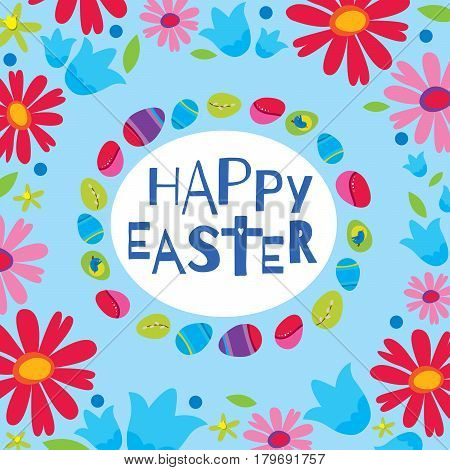Colorful Happy Easter greeting card with flowers eggs elements composition. Cute Happy Easter greeting card.