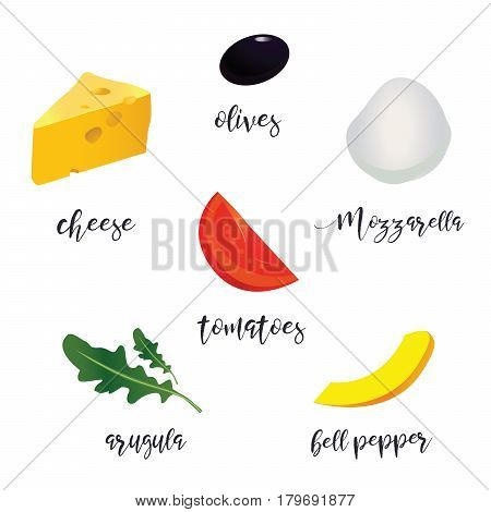 Set ingredients for pizza. Make your pizza. Products for the menus and banners pizzerias, cafes, and other design projects. Isolated on white.