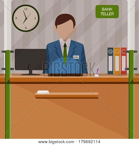Bank teller behind window. Depositing money in bank account. People service and payment. Vector illustration in flat style