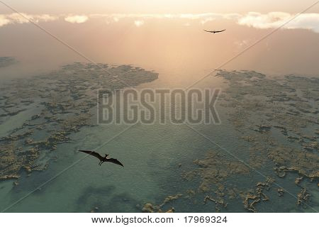 Pteranodon vliegen boven rivierdelta